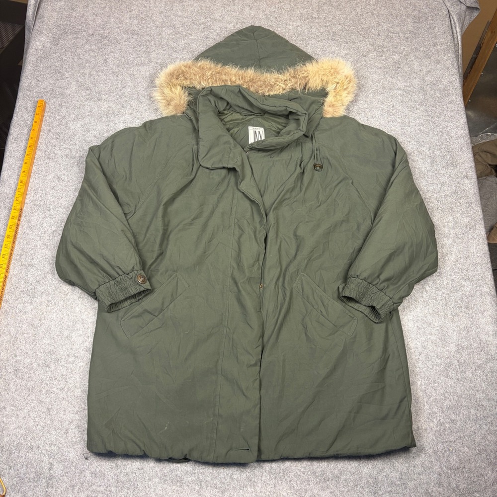 Jones New York JNY Olive Green Faux Fur Trim Hooded Parka Jacket Vintage Style